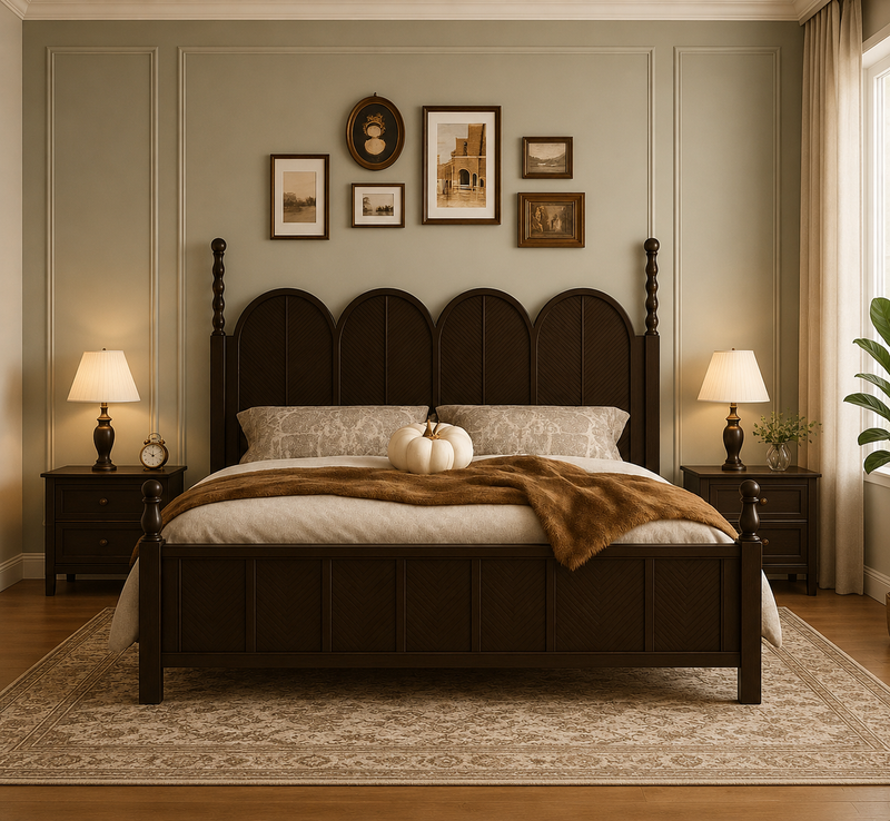 The Grand Arch Dark Espresso Bed – Solid Wood Arched Panel Bed with Chevron Detailing