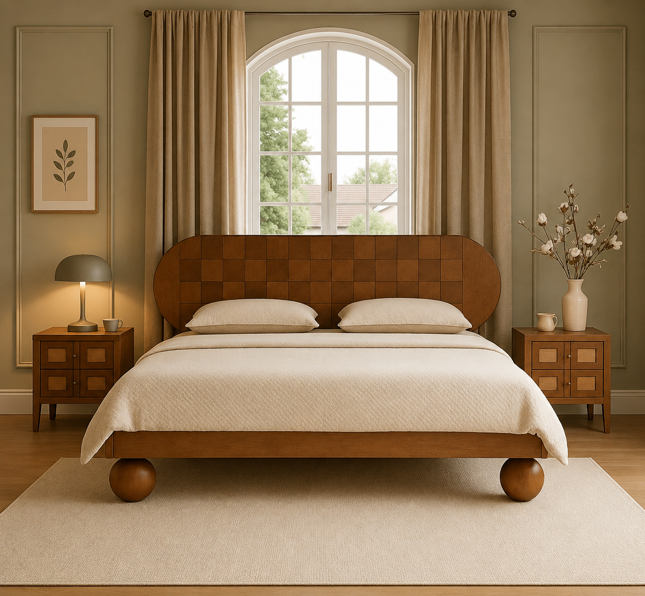 The Orb Geometric Solid Wood Bed – Mid-Century Modern Platform Bed with Checkered Headboard &amp; Ball Feet