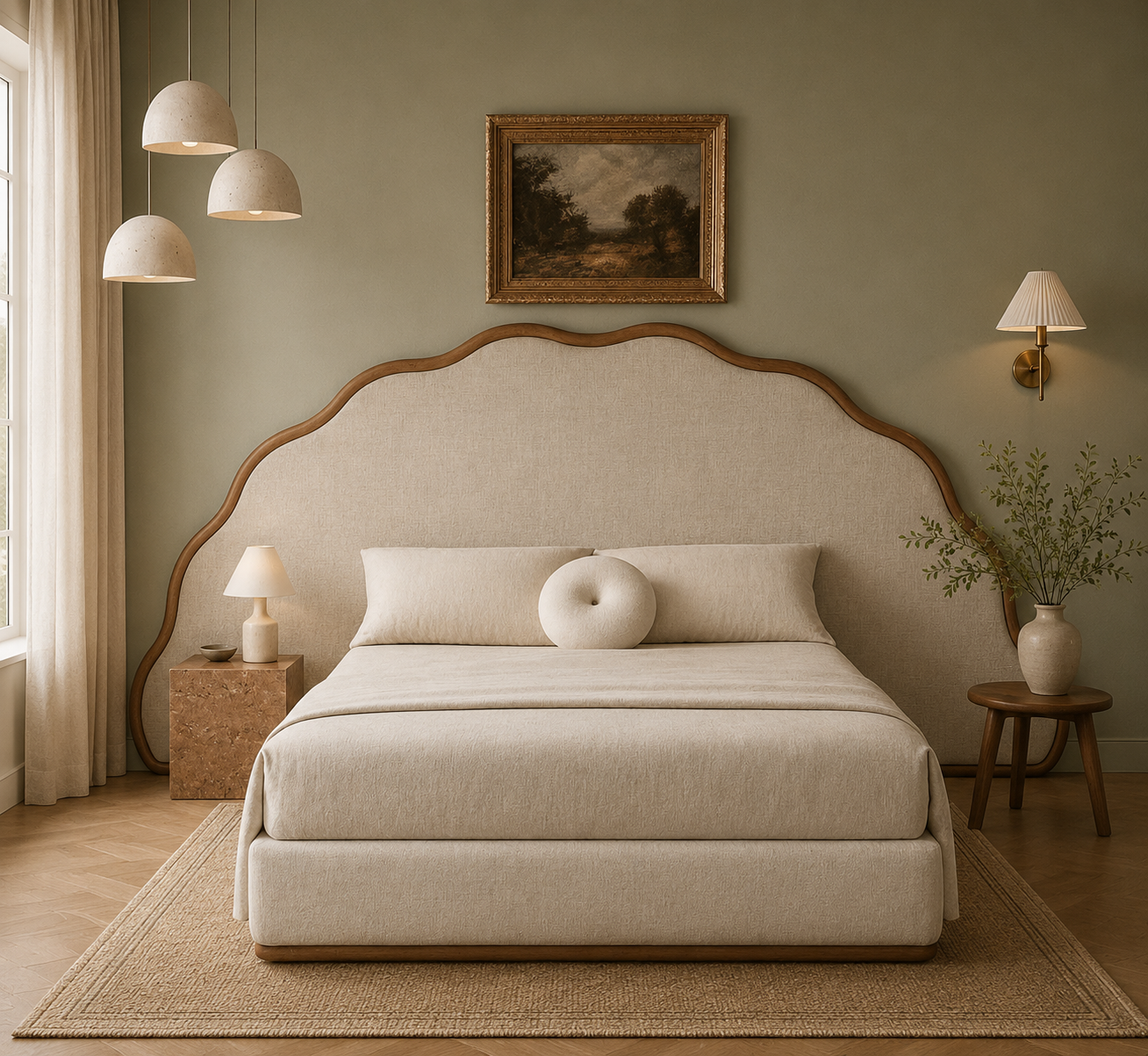 The Serene Oversized Scalloped Headboard Bed – Grand Wingback Upholstered Platform Bed with Natural Wood Trim