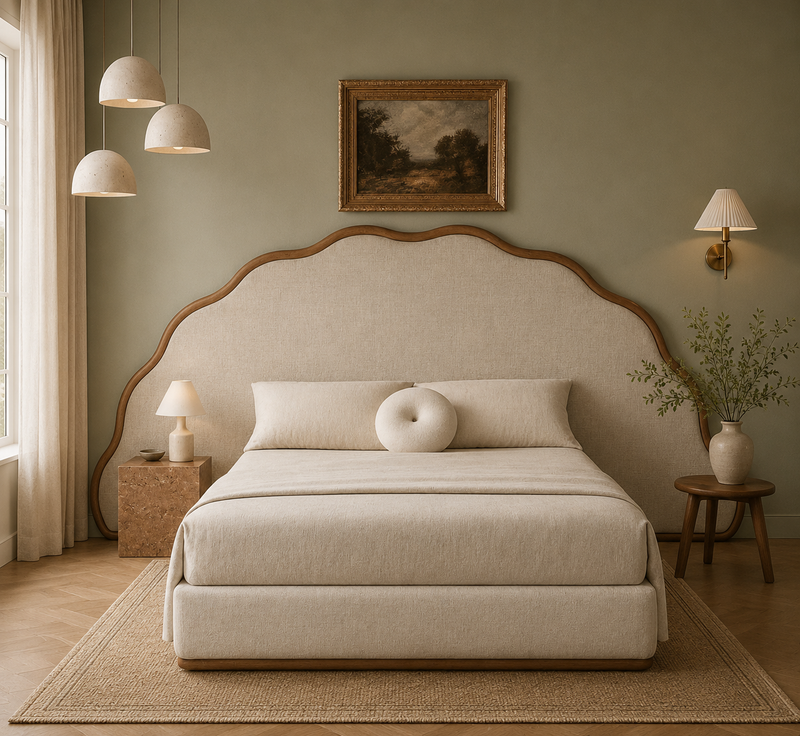The Serene Oversized Scalloped Headboard Bed – Grand Wingback Upholstered Platform Bed with Natural Wood Trim