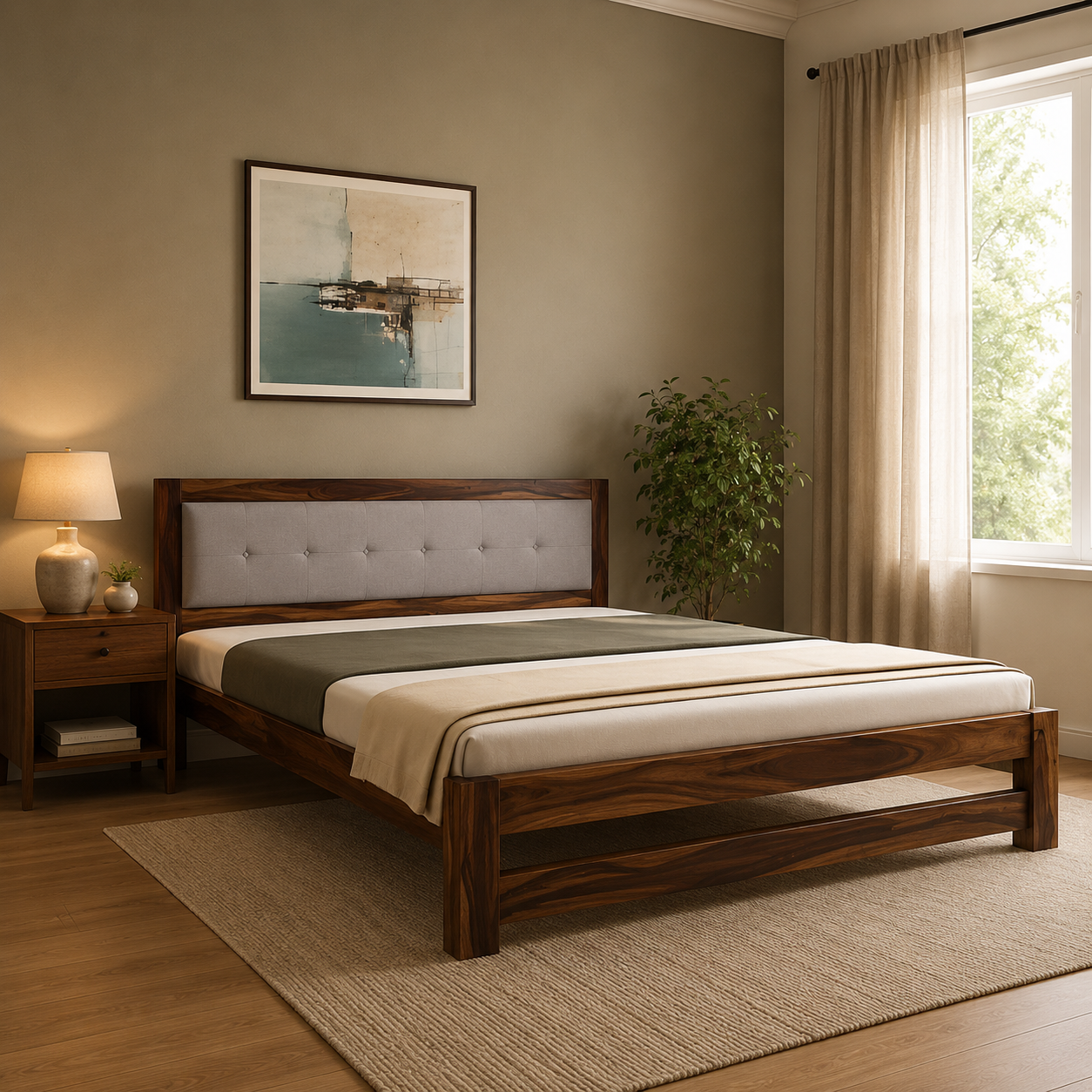 The Horizon Sheesham Wood Bed – Modern Platform Bed with Grey Button-Tufted Cushioned Headboard