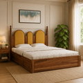 The Royal Amber Arched Solid Wood Bed – Premium Sheesham Bed with Mustard Yellow Upholstered Panels