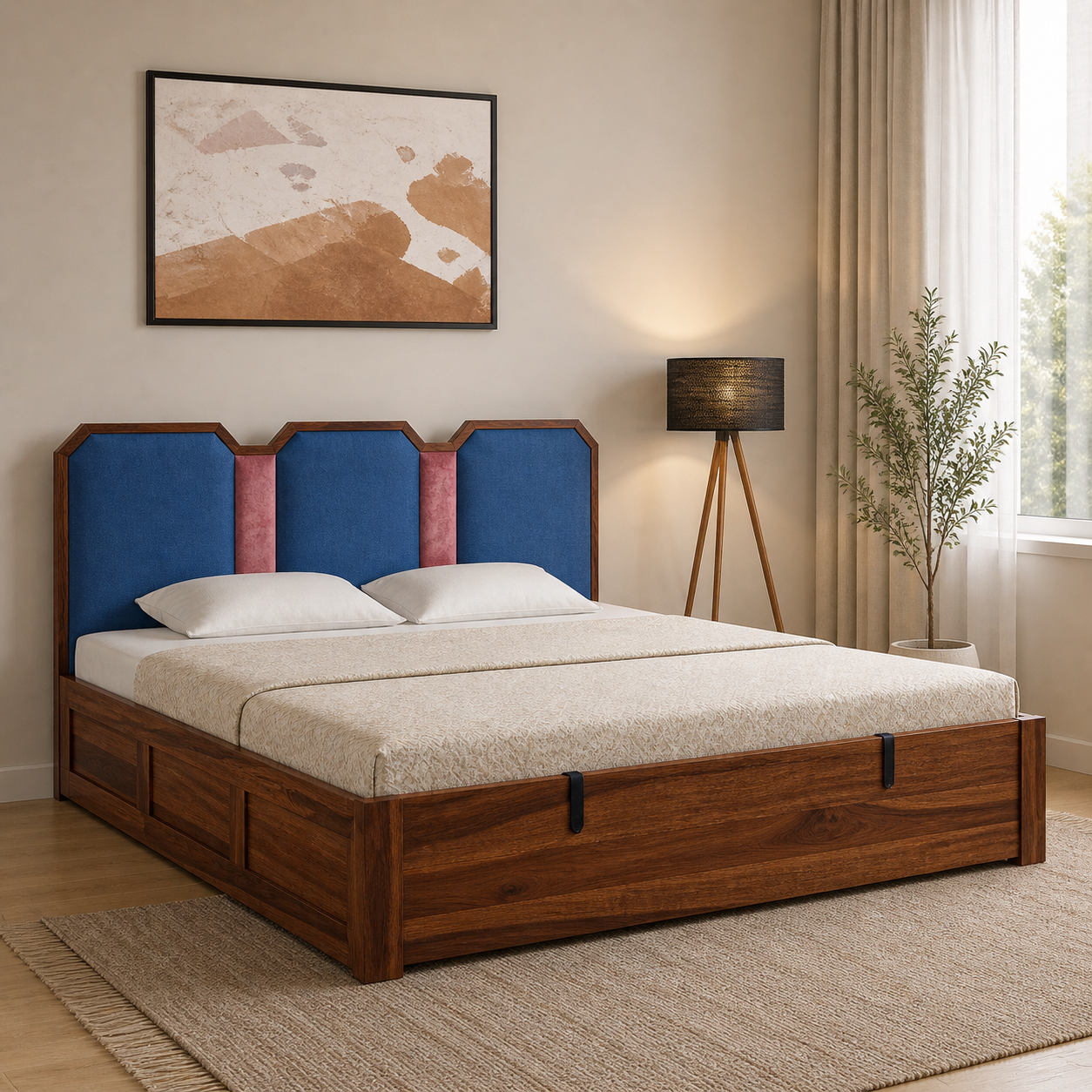 The Mosaic Geometric Solid Wood Bed – Premium Hydraulic Storage Bed with Dual-Tone Upholstered Panels