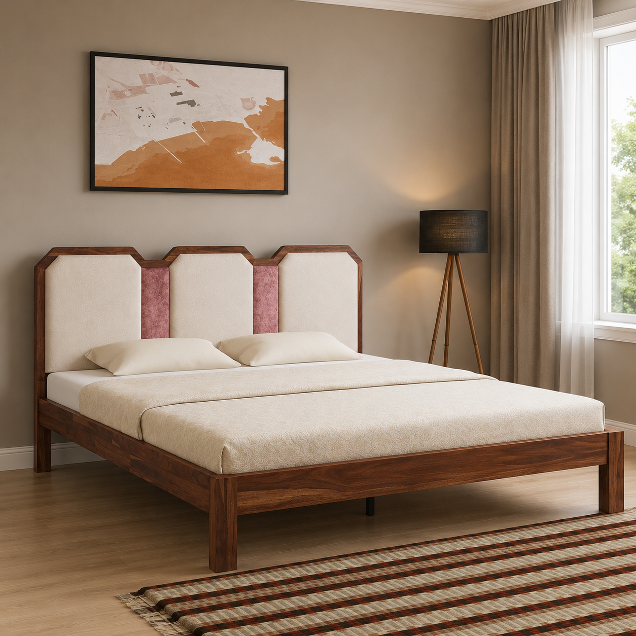 The Mosaic Contemporary Solid Wood Bed – Sleek Platform Bed with Cream &amp; Rose Pink Upholstered Panels