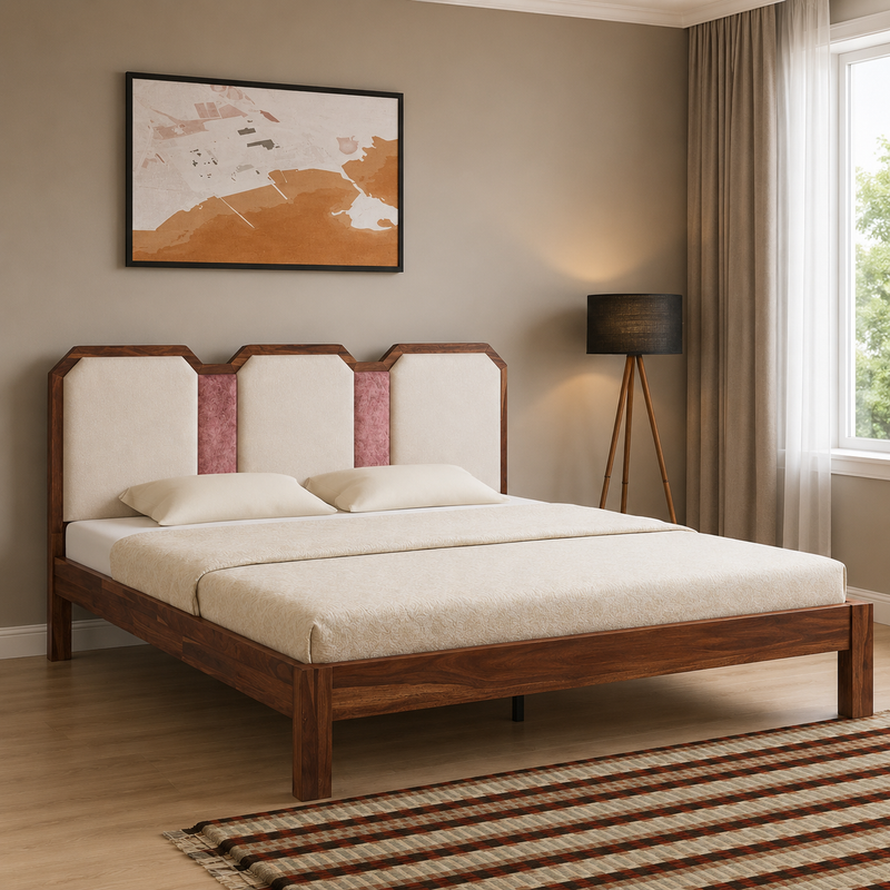 The Mosaic Contemporary Solid Wood Bed – Sleek Platform Bed with Cream & Rose Pink Upholstered Panels