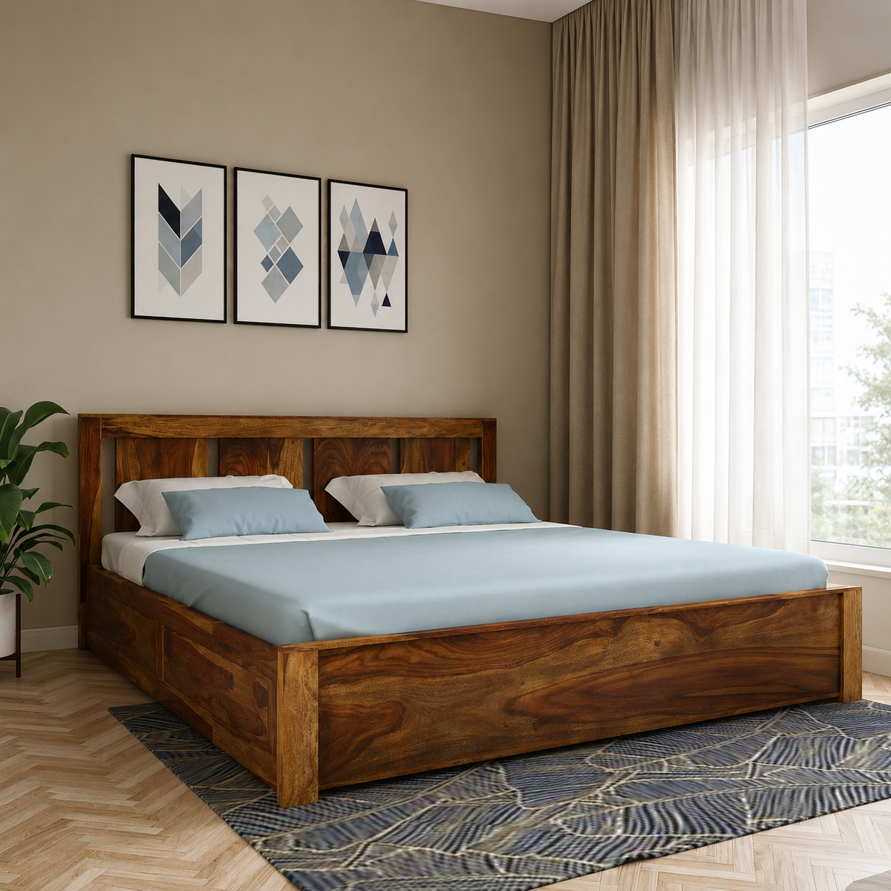 The Amber Tan Premium Faux Leather Upholstered Bed – Modern Low-Profile Platform Bed with Cushioned Wing Headboard