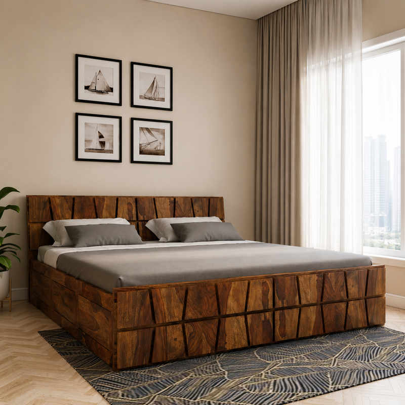 The Matrix Handcrafted Sheesham Wood Storage Bed – Premium King/Queen Bed with Deep-Groove Faceted Panels