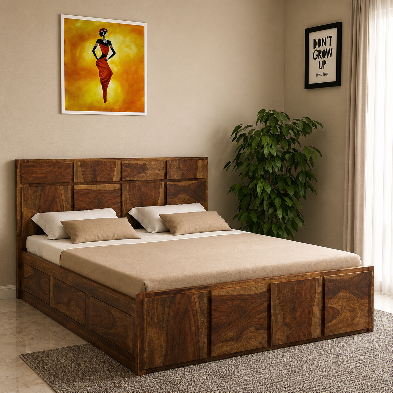 The Linear Horizon Solid Wood Bed – Modern Low-Profile Platform Bed with Precision Slat Headboard