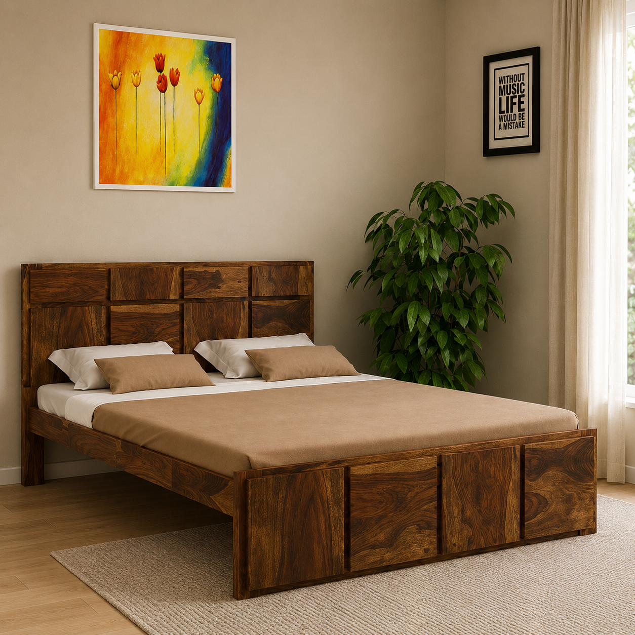 The Grid Luxury Velvet Upholstered Bed – Modern Grid-Tufted Platform Bed with Padded Headboard