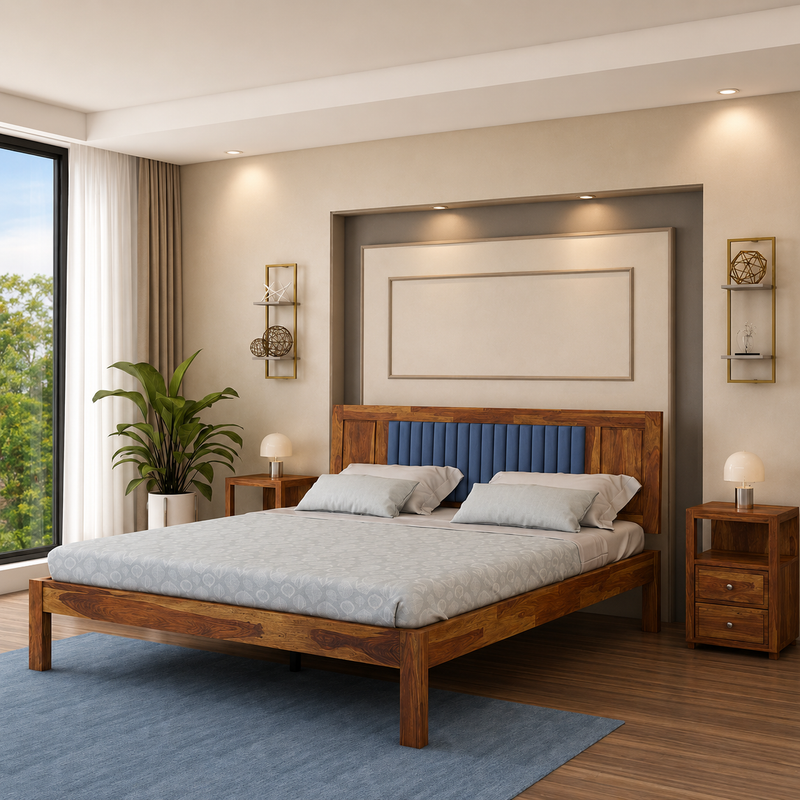 The Linear Velvet Accent Sheesham Wood Bed – Modern Low-Profile Platform Bed with Blue Channel-Tufted Headboard
