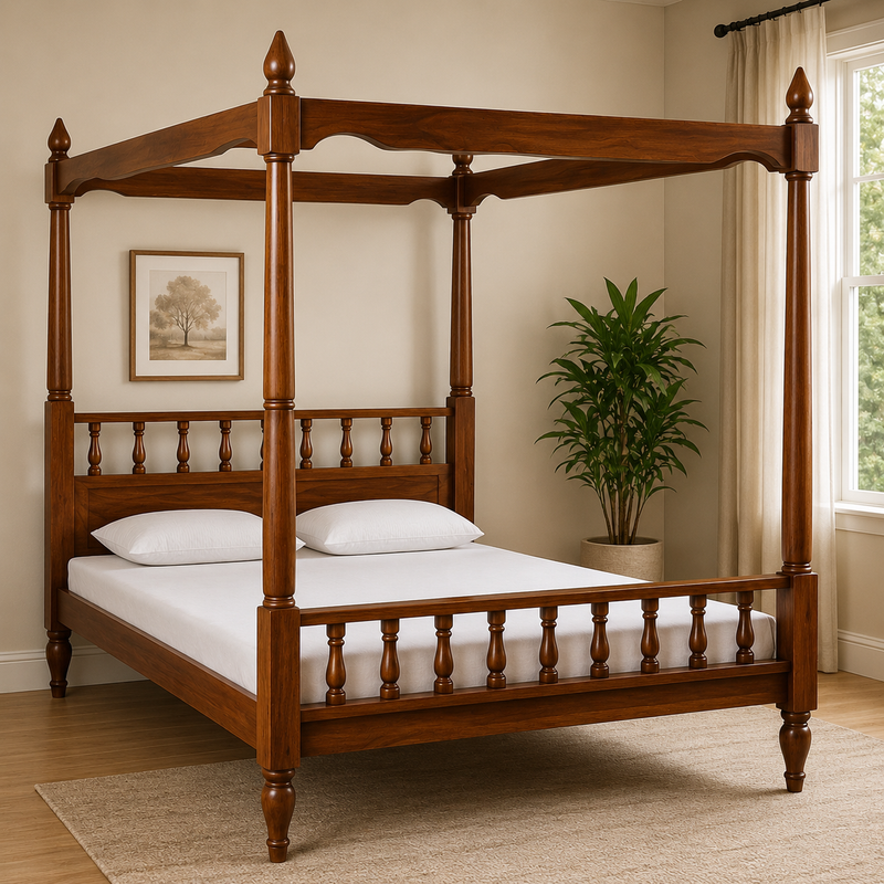 The Maharaja Solid Wood Four Poster Bed – Classic Canopy Bed Frame with Turned Spindles & Turned Pillars