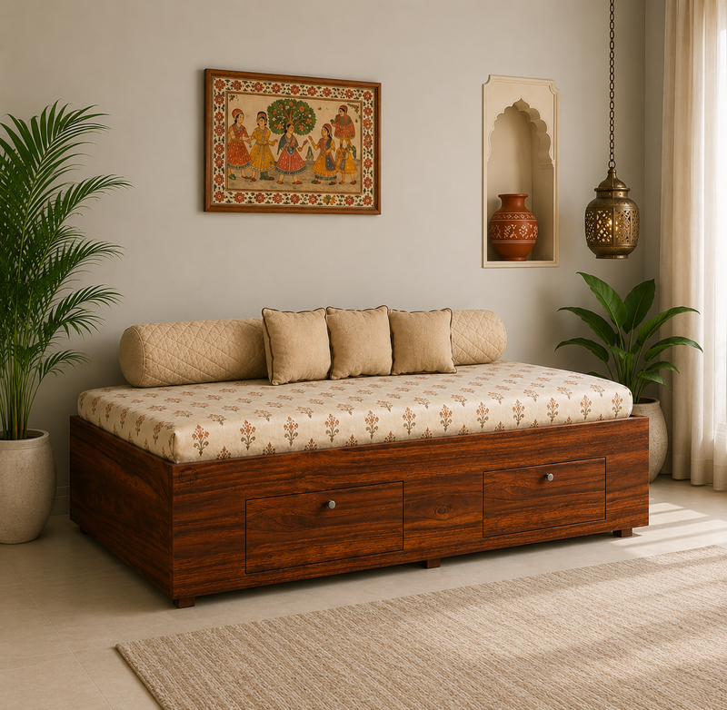 The Jodhpur Heritage Solid Wood Diwan Bed – Premium Single Sofa-Bed with Built-In Storage Drawers
