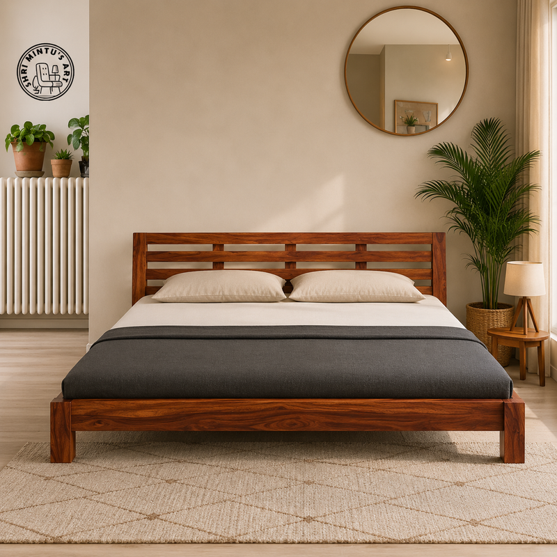 The Horizon Slatted Solid Wood Bed – Contemporary Low-Profile Platform Bed with Timber Slats Headboard