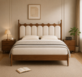 The Heritage Scalloped Solid Wood Bed – Handcrafted Teak Finish Bed with Tufted Linen Upholstery