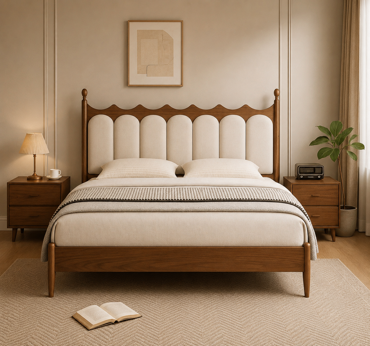 The Heritage Scalloped Solid Wood Bed – Handcrafted Teak Finish Bed with Tufted Linen Upholstery