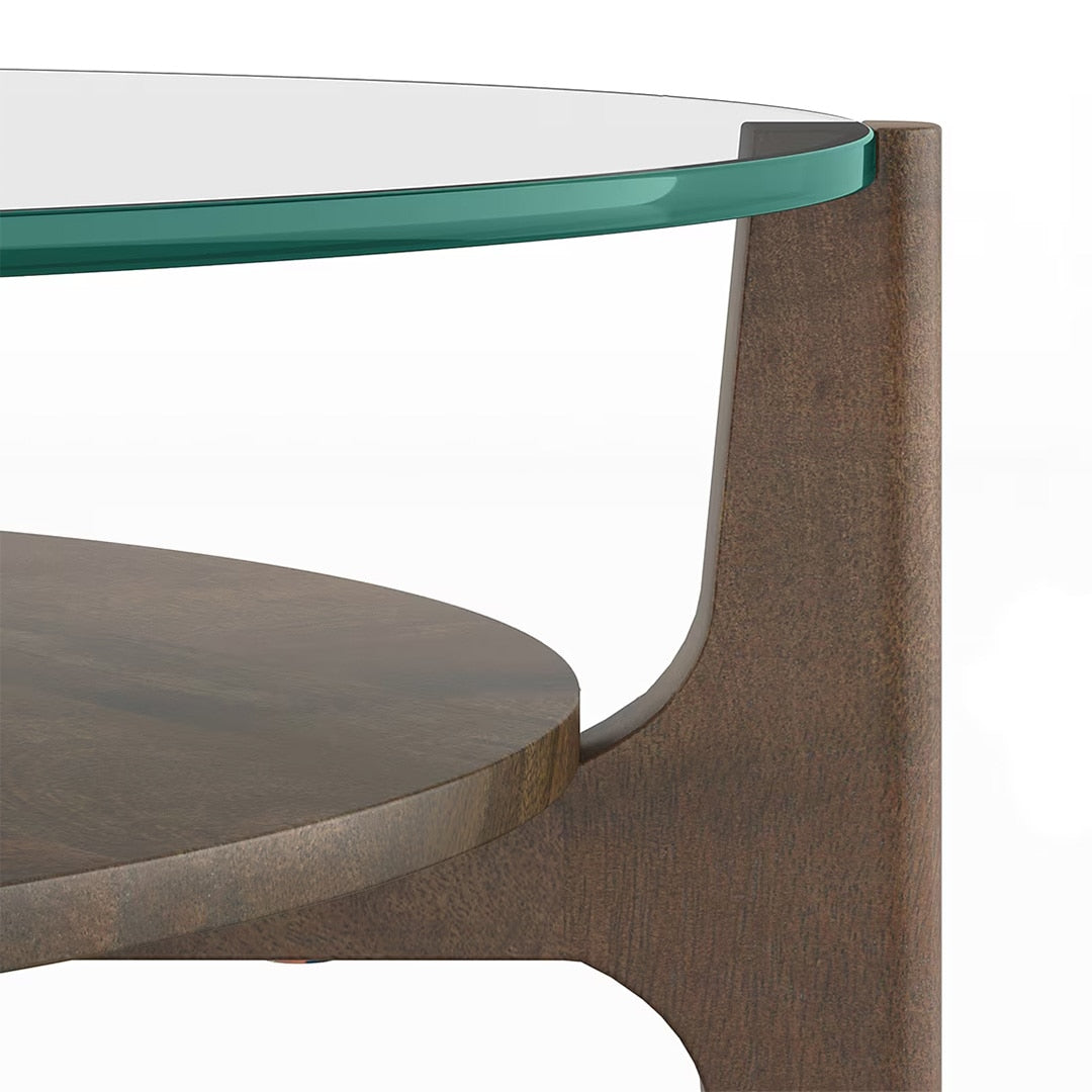 Cayman Round Glasstop Coffee Table with Storage in Danish Walnut Finish - Marwar Craft & Furiniture