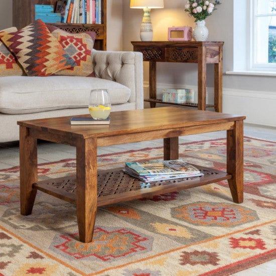 Kansas Carved net Coffee Table in Honey Finish - Marwar Craft & Furniture
