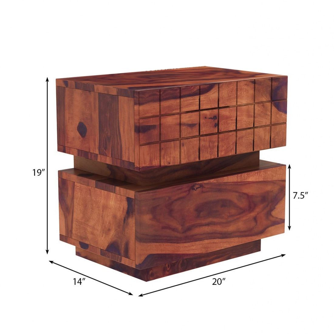 Cnc Square Solid Wood Bedside Table in Teak Finish - Marwar Craft & Furniture