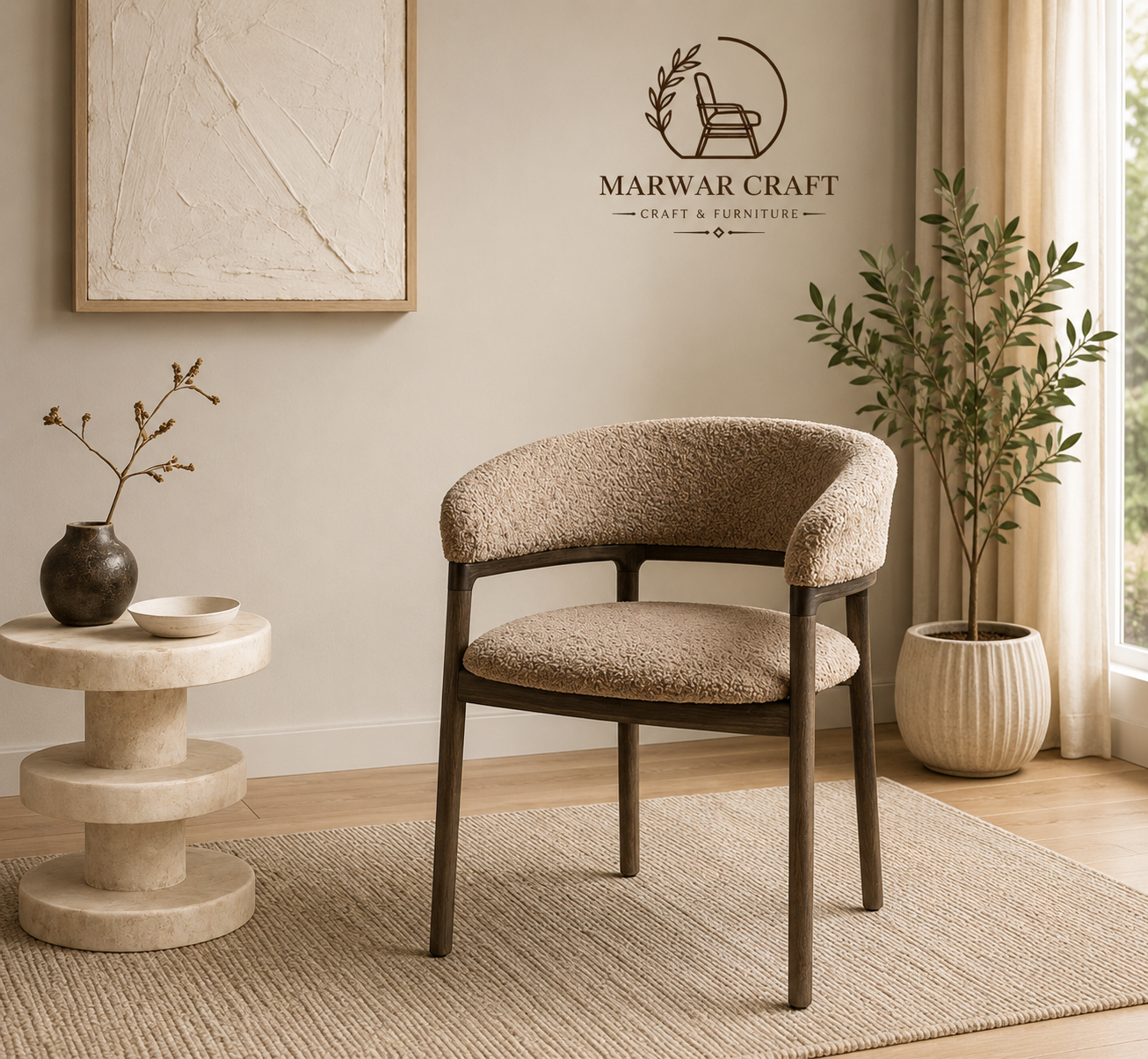 The Nest Curved Boucle Accent Chair – Solid Wood Armchair with Textured Lounge Seating