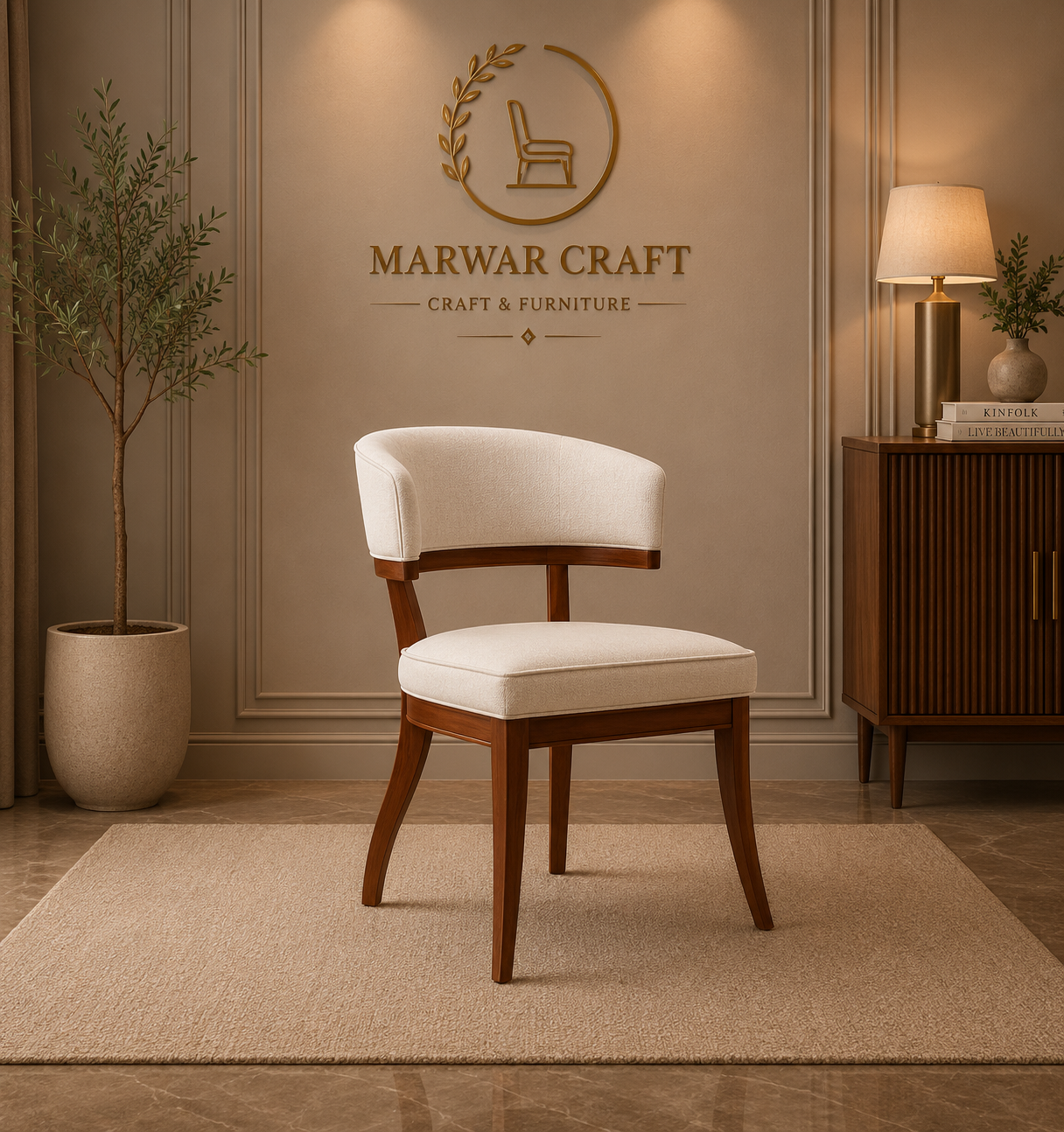The Crest Curved Studio Chair – Premium Solid Wood Accent Dining Chair with Half-Barrel Backrest