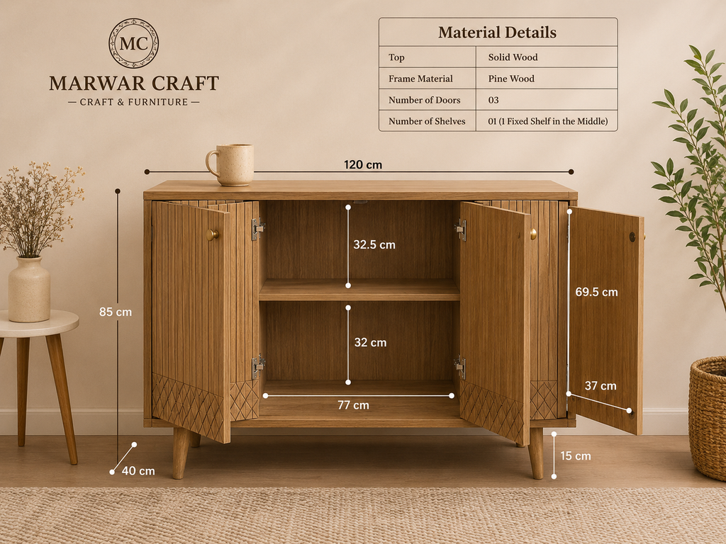 Verona Grid Wooden Sideboard Cabinet Three Doors - Marwar Craft & Furniture