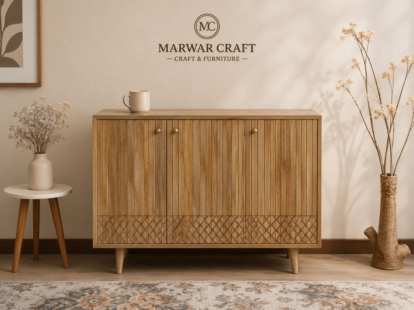 Verona Grid Wooden Sideboard Cabinet Three Doors - Marwar Craft & Furniture