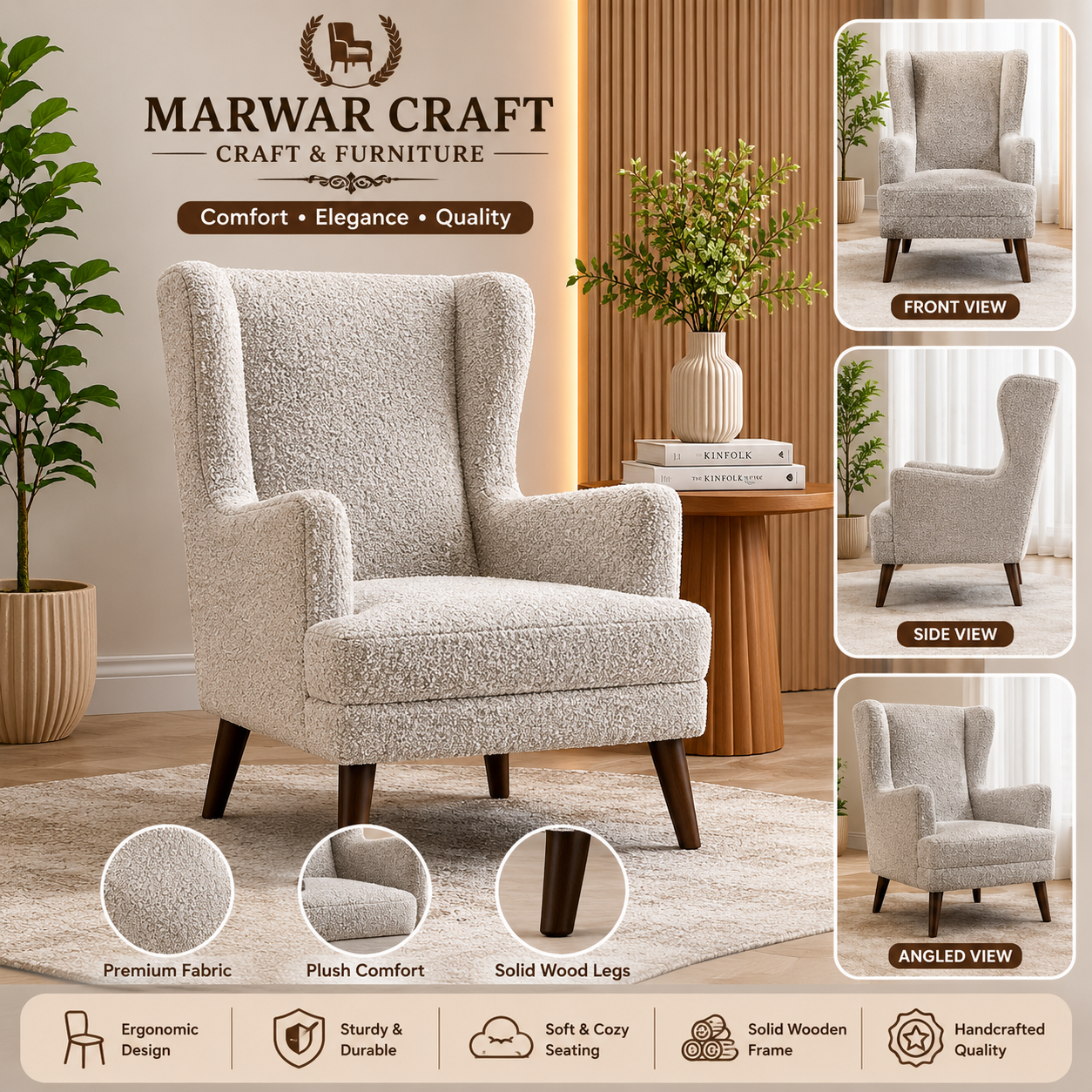 Marwar Craft Wingback Accent Chair | Premium Upholstered Lounge Armchair