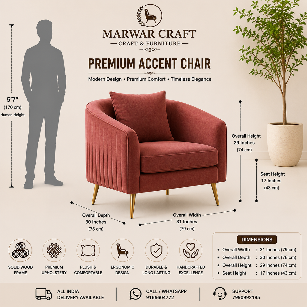 Marwar Craft Premium Velvet Accent Chair | Modern Lounge Chair with Gold Metal Legs