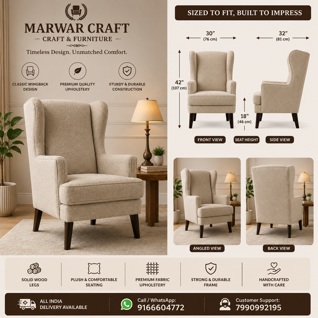Marwar Craft Premium Wingback Accent Chair | Upholstered Lounge Chair for Living Room