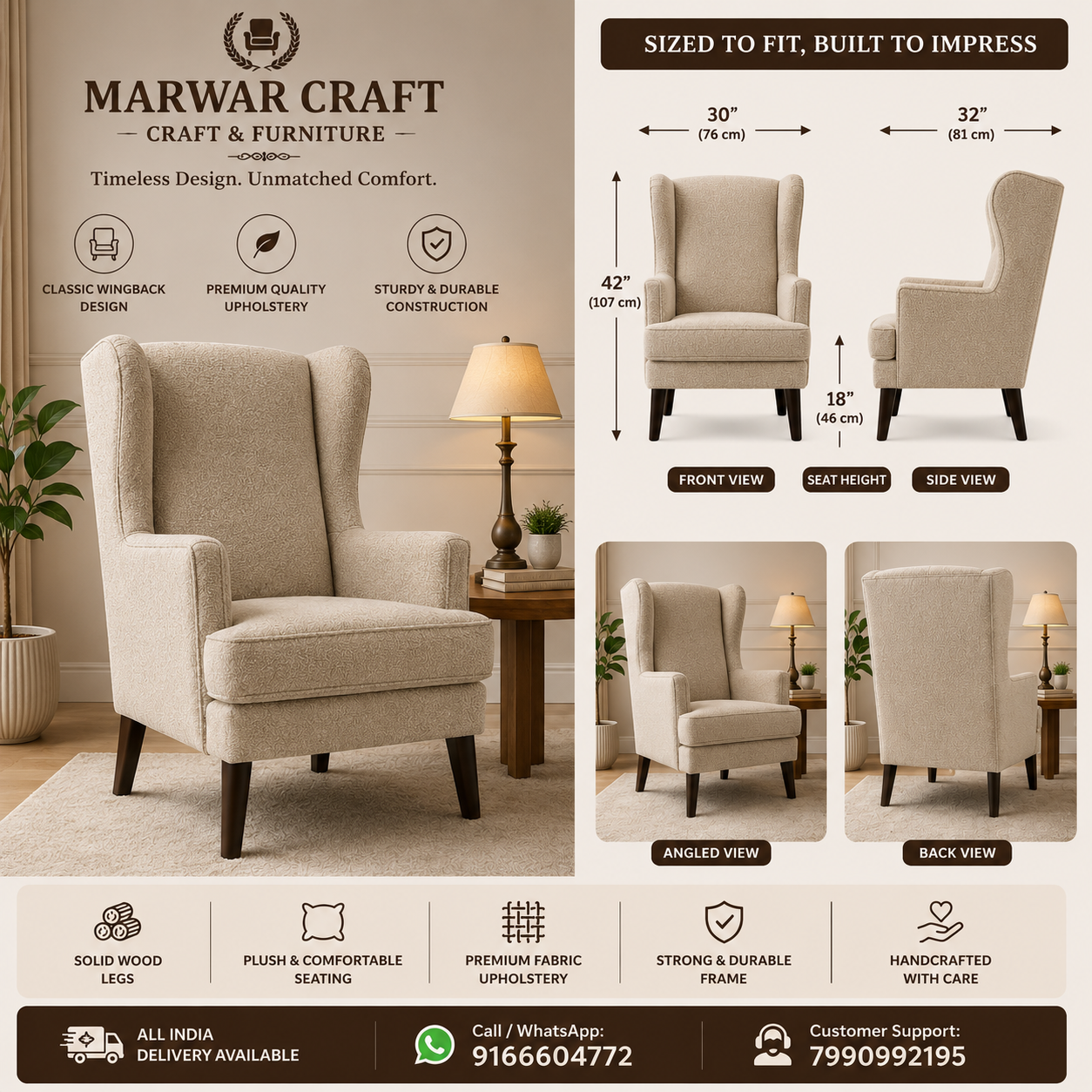 Marwar Craft Premium Wingback Accent Chair | Upholstered Lounge Chair for Living Room