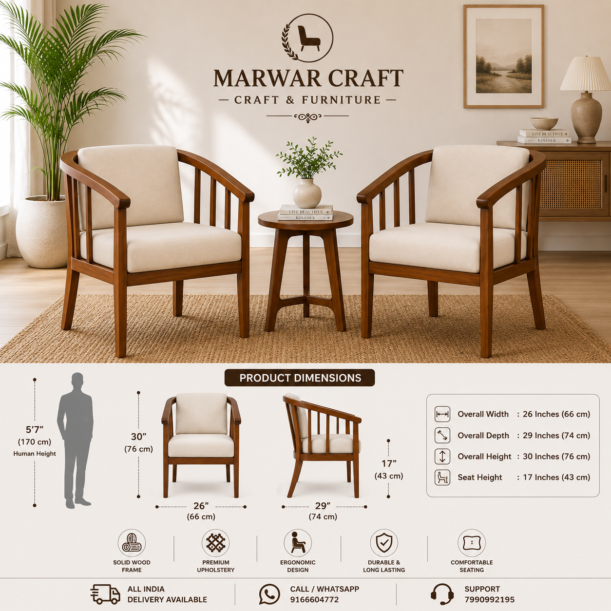 Marwar Craft Premium Round Back Dining Chair | Modern Wooden Upholstered Chair