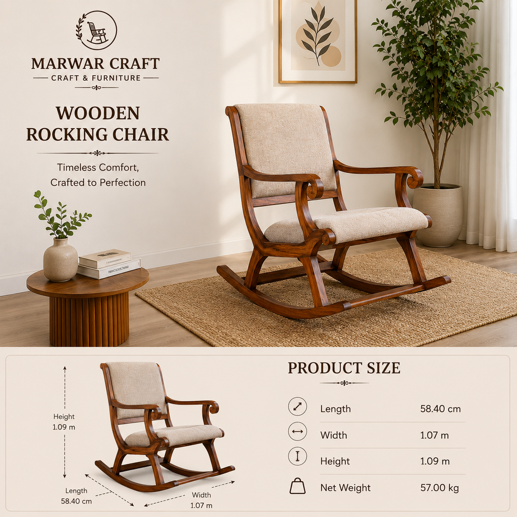 Marwar Craft Premium Wooden Rocking Chair | Upholstered Leisure Rocker Chair