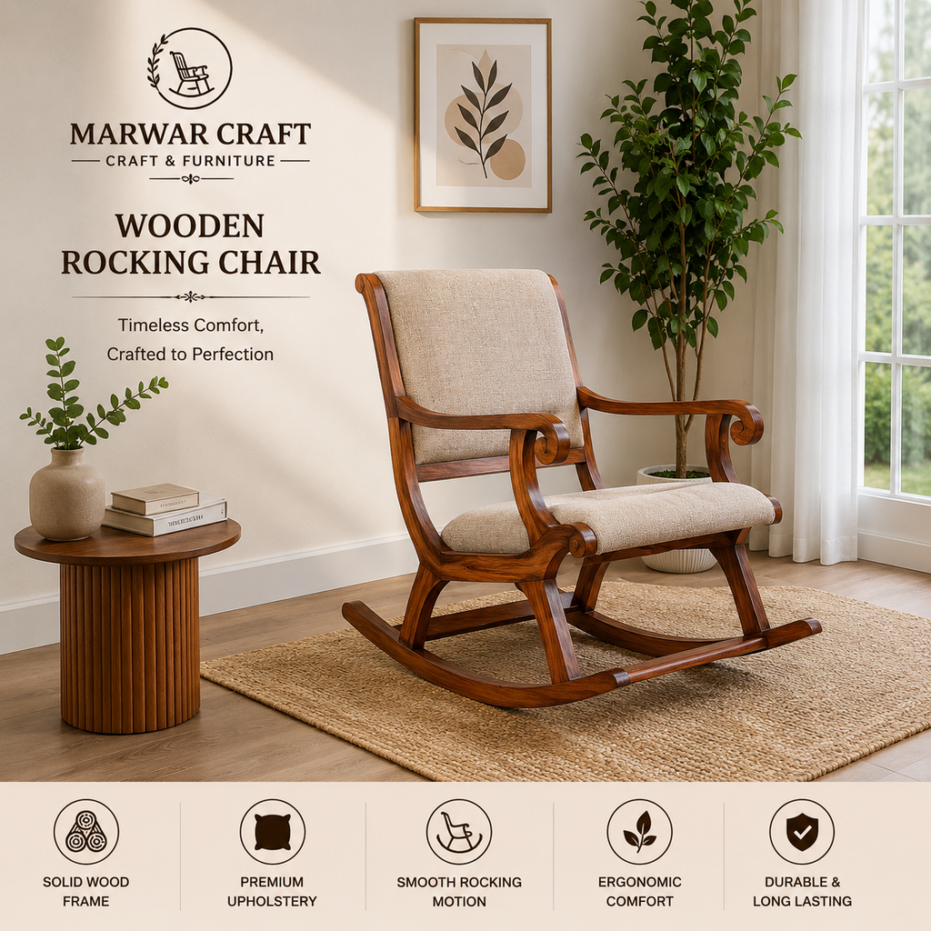 Marwar Craft Premium Wooden Rocking Chair | Upholstered Leisure Rocker Chair