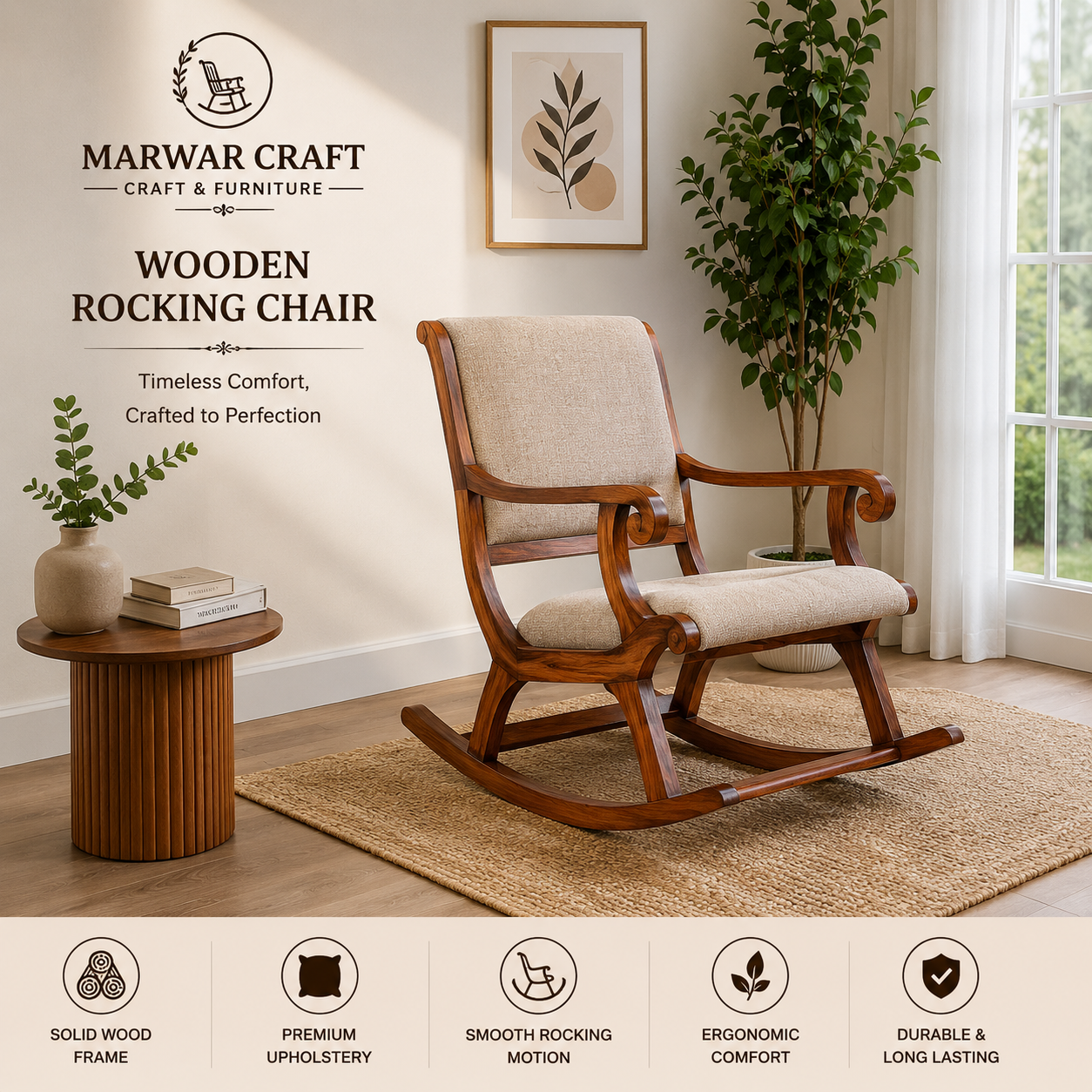 Marwar Craft Premium Wooden Rocking Chair | Upholstered Leisure Rocker Chair