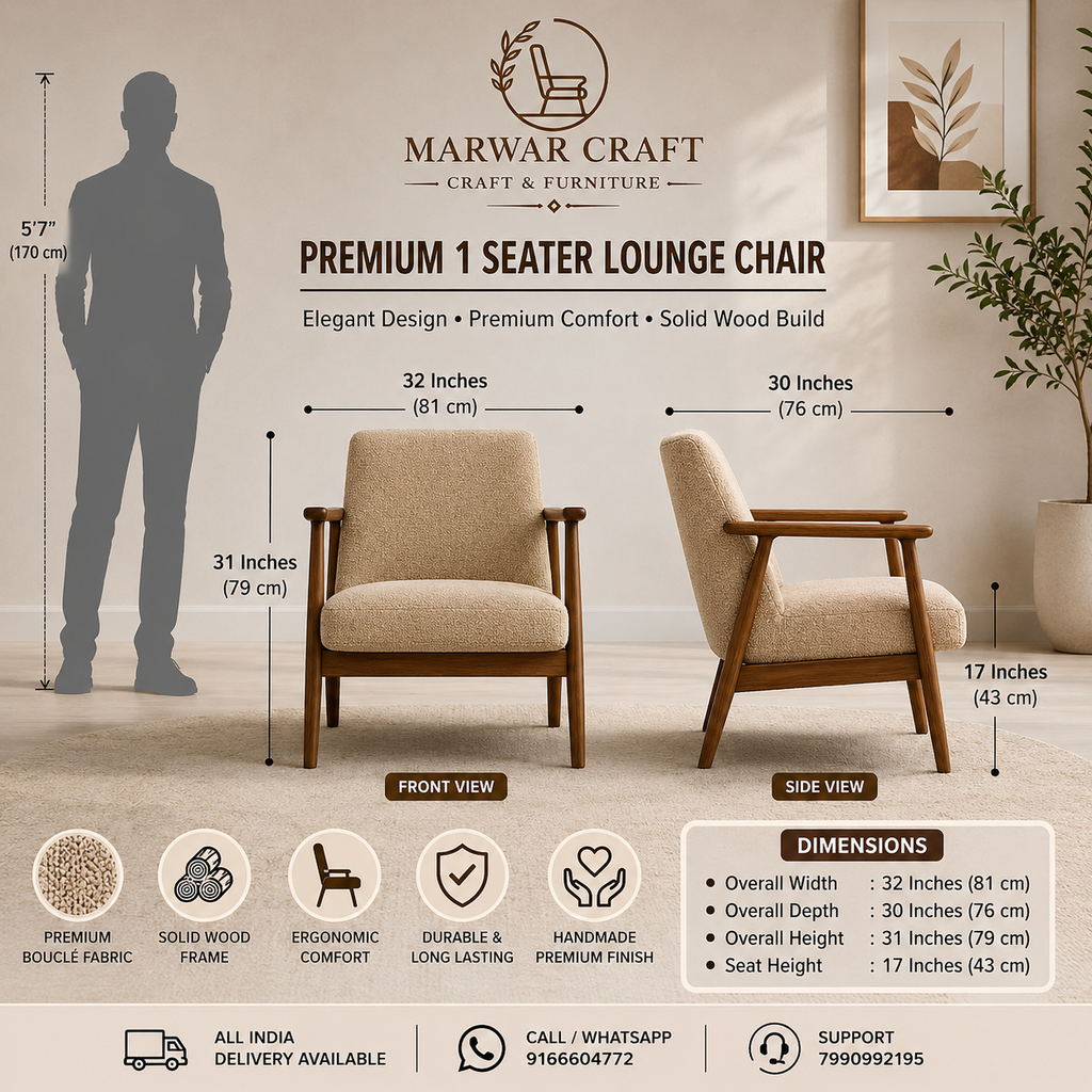 Marwar Craft Premium 1 Seater Lounge Chair | Solid Wood Frame & Bouclé Fabric Accent Chair