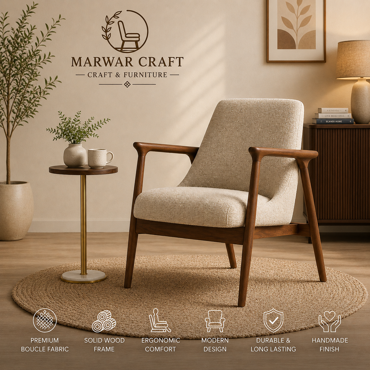 Marwar Craft Premium 1 Seater Lounge Chair | Solid Wood Frame & Bouclé Fabric Accent Chair