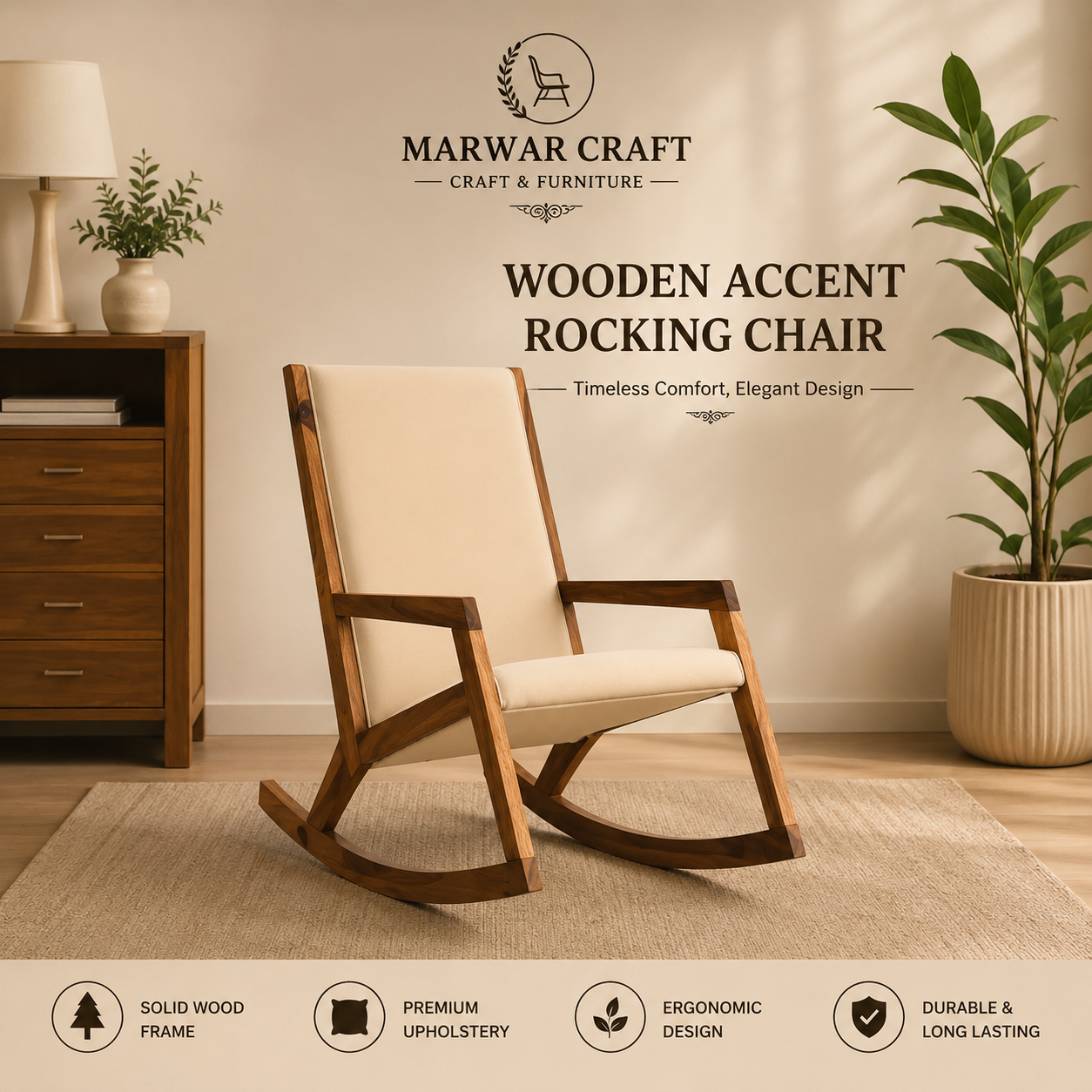 Marwar Craft Solid Wood Rocking Chair | Premium Upholstered Lounge Rocker for Living Room &amp; Bedroom