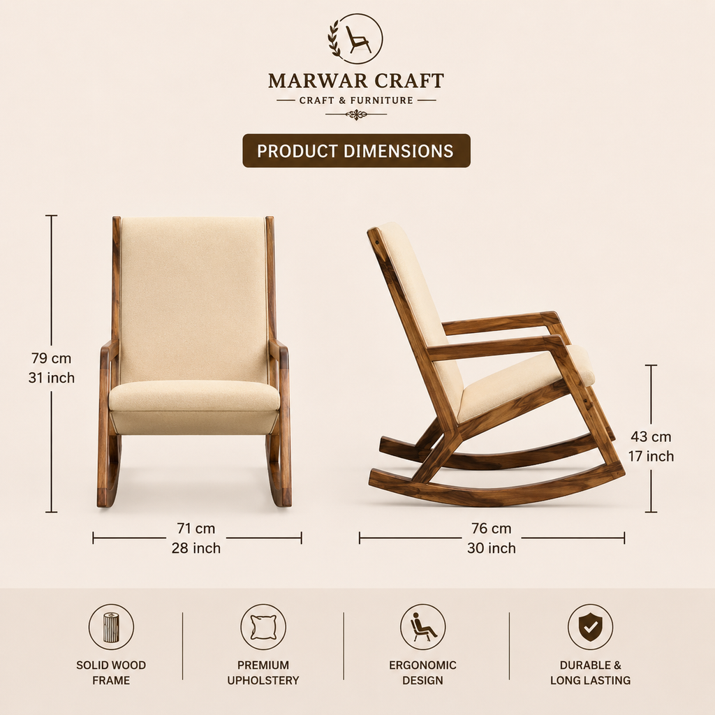 Marwar Craft Solid Wood Rocking Chair | Premium Upholstered Lounge Rocker for Living Room &amp; Bedroom