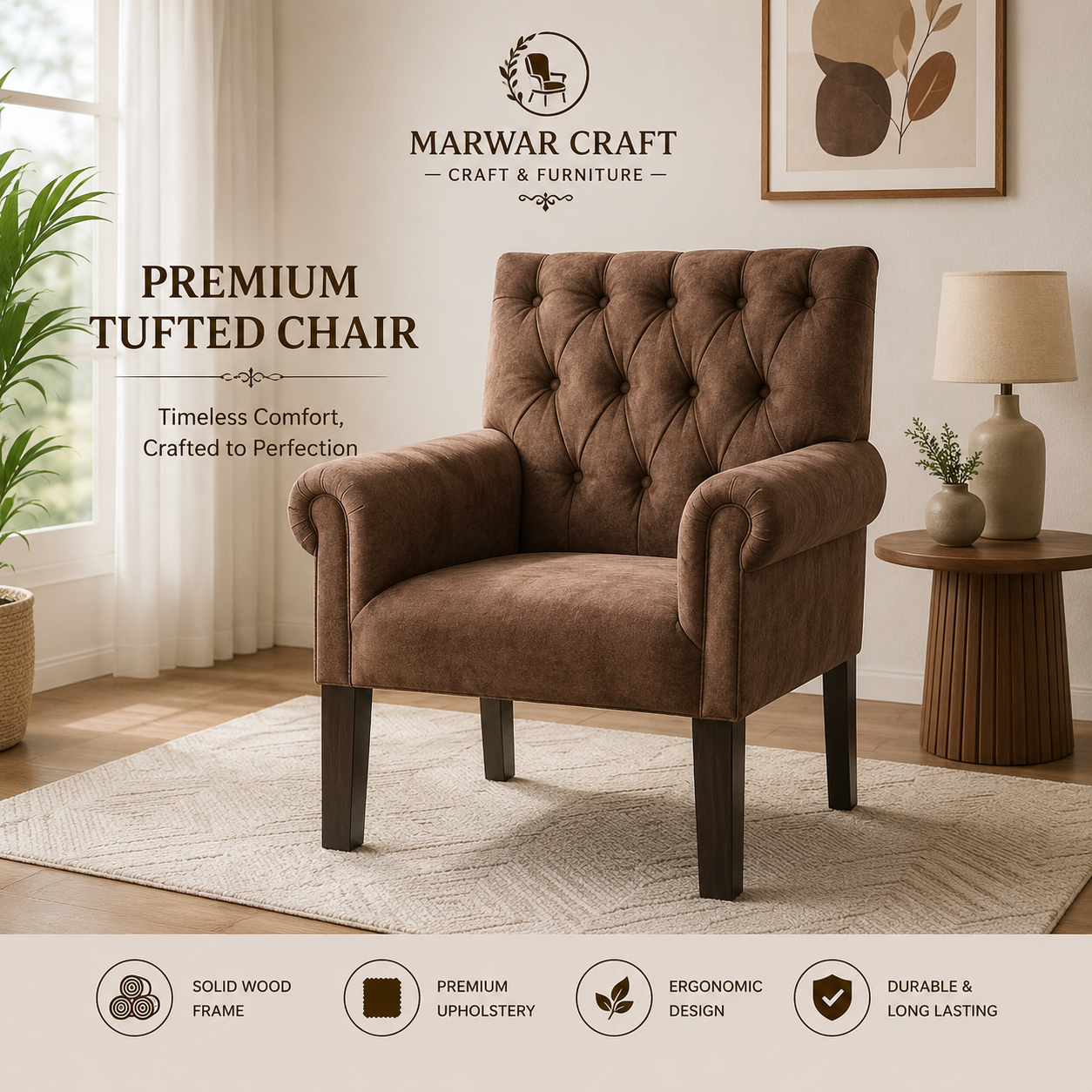 Marwar Craft Premium Tufted Accent Chair | Upholstered Lounge Chair with Solid Wood Legs