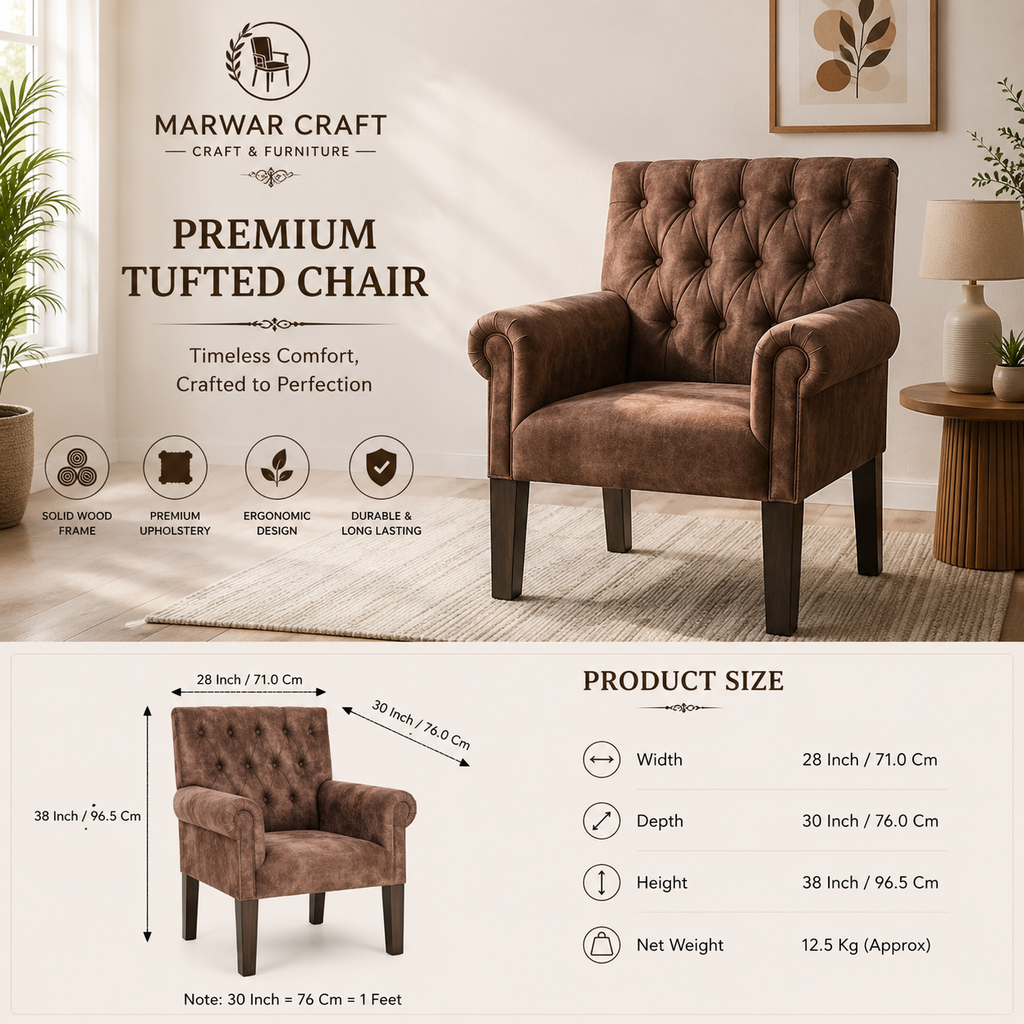 Marwar Craft Premium Tufted Accent Chair | Upholstered Lounge Chair with Solid Wood Legs