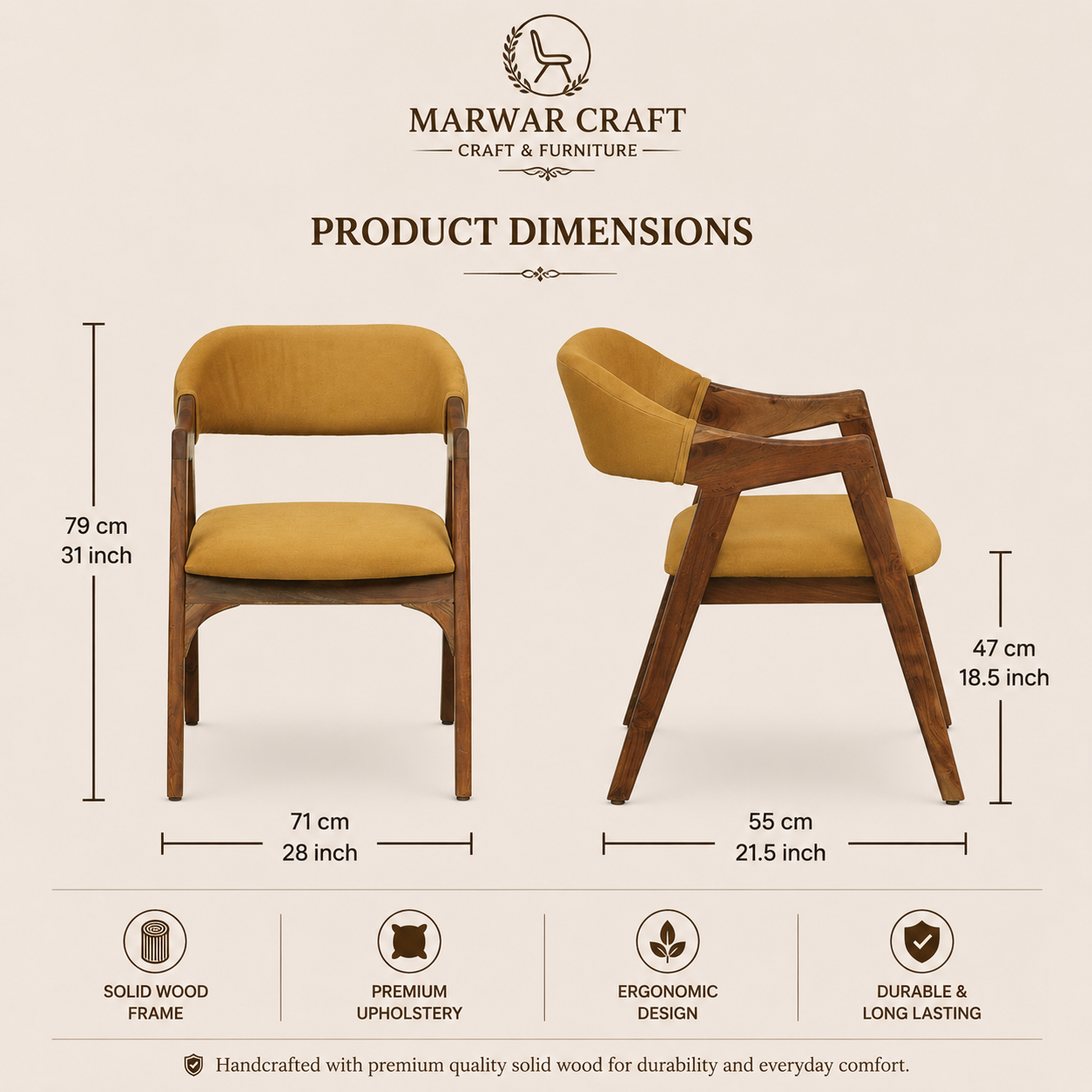 Marwar Craft Solid Wood Accent Chair | Premium Upholstered Dining & Lounge Chair