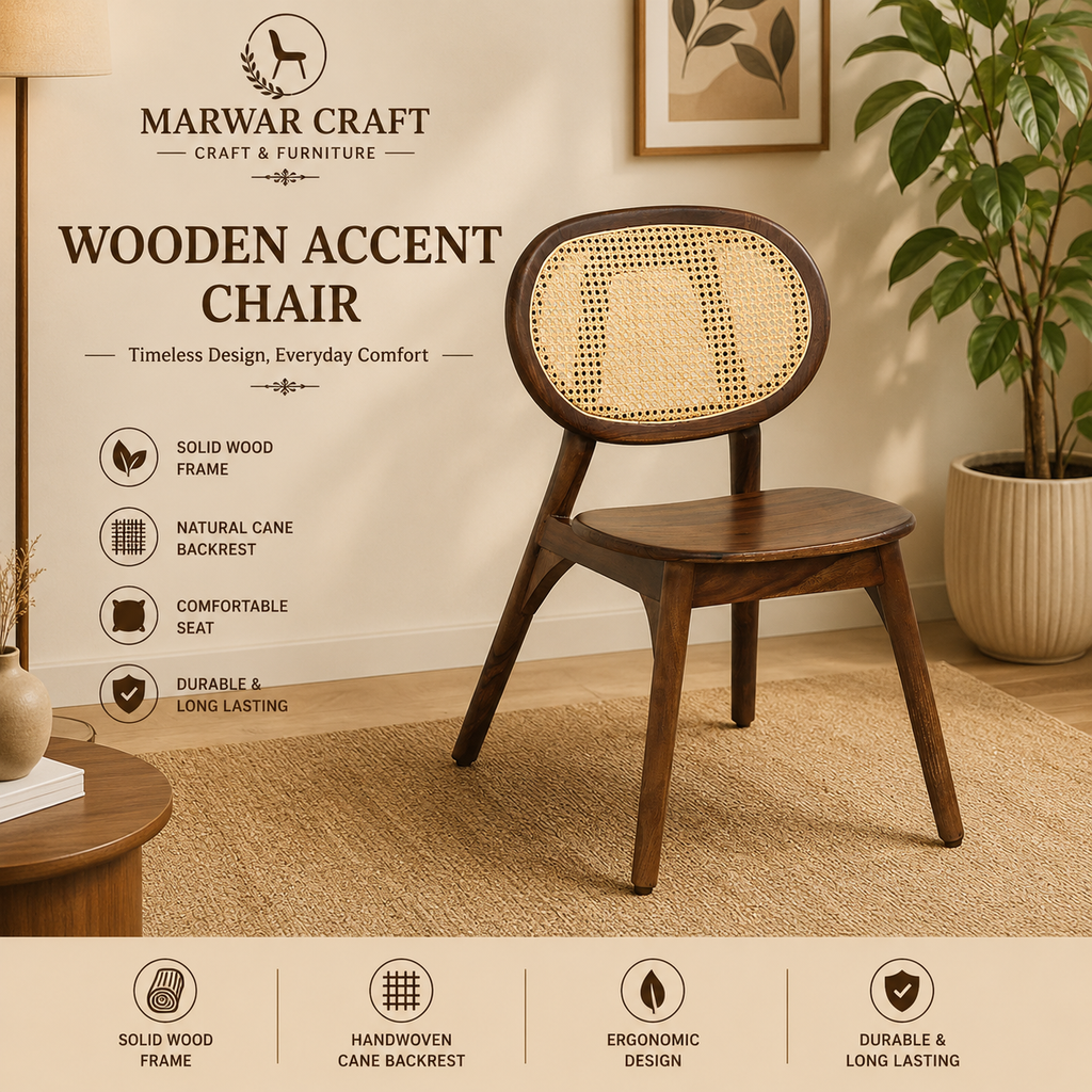 Marwar Craft Solid Wood Cane Dining Chair | Handcrafted Wooden Chair with Natural Cane Backrest