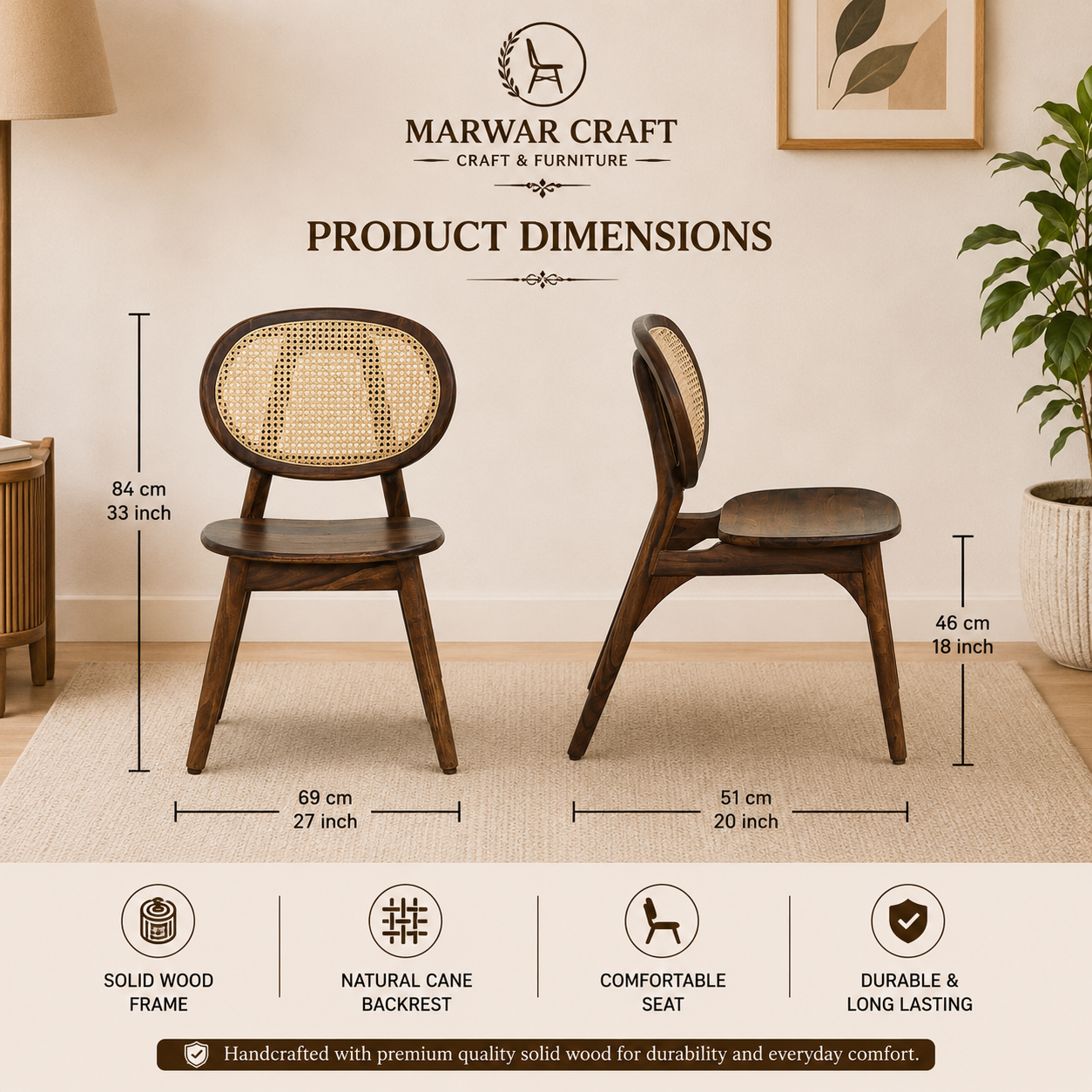 Marwar Craft Solid Wood Cane Dining Chair | Handcrafted Wooden Chair with Natural Cane Backrest