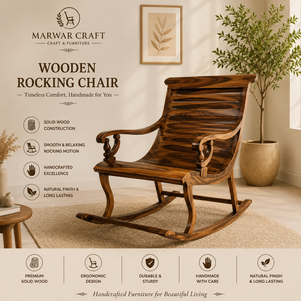 Marwar Craft Solid Wood Rocking Chair | Handcrafted Wooden Rocker Chair for Living Room & Balcony