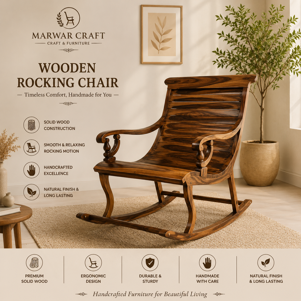 Marwar Craft Solid Wood Rocking Chair | Handcrafted Wooden Rocker Chair for Living Room & Balcony