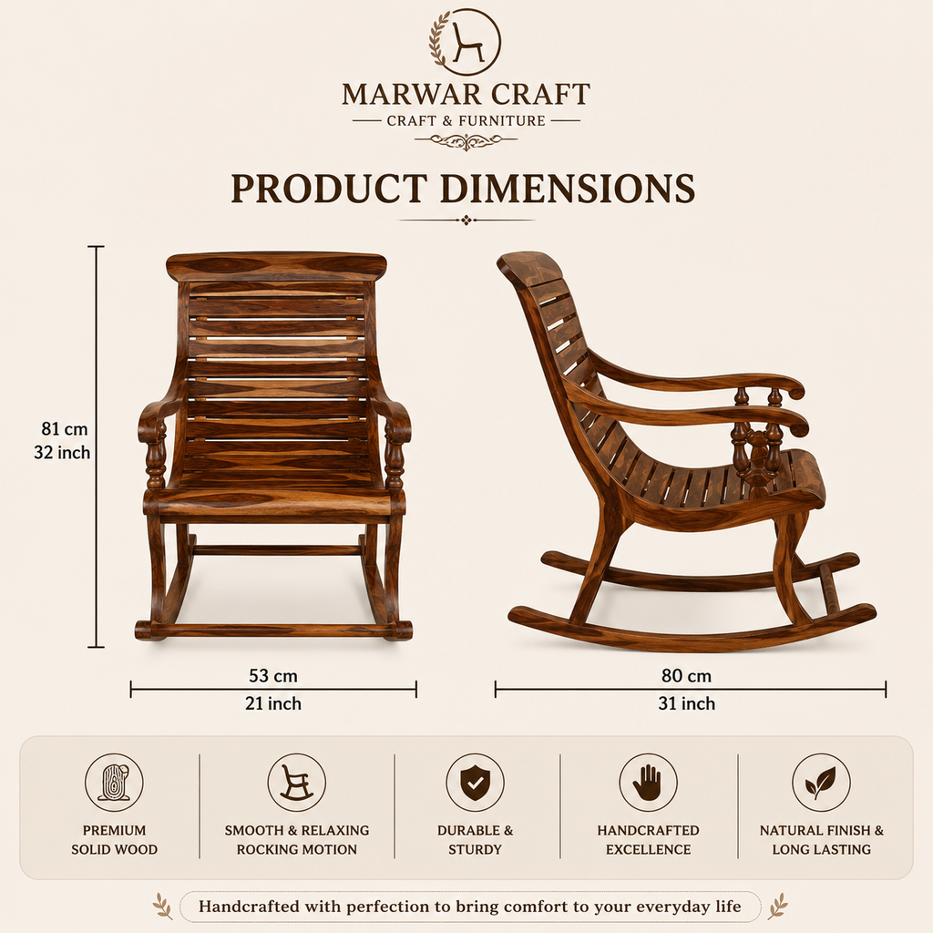 Marwar Craft Solid Wood Rocking Chair | Handcrafted Wooden Rocker Chair for Living Room & Balcony