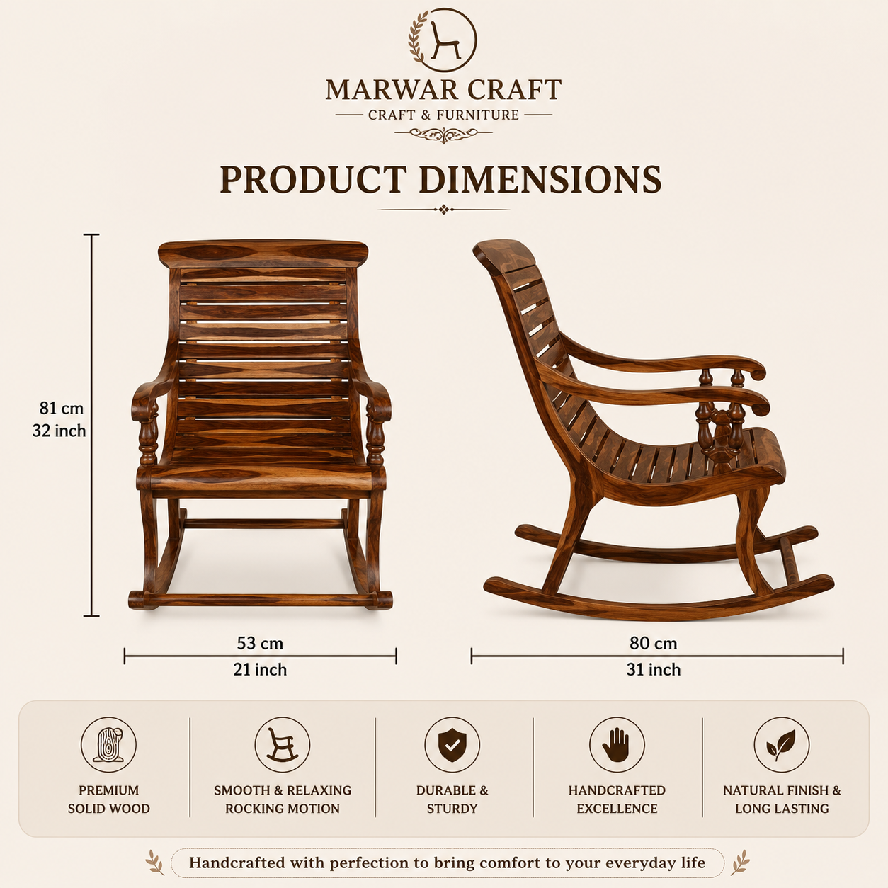 Marwar Craft Solid Wood Rocking Chair | Handcrafted Wooden Rocker Chair for Living Room & Balcony