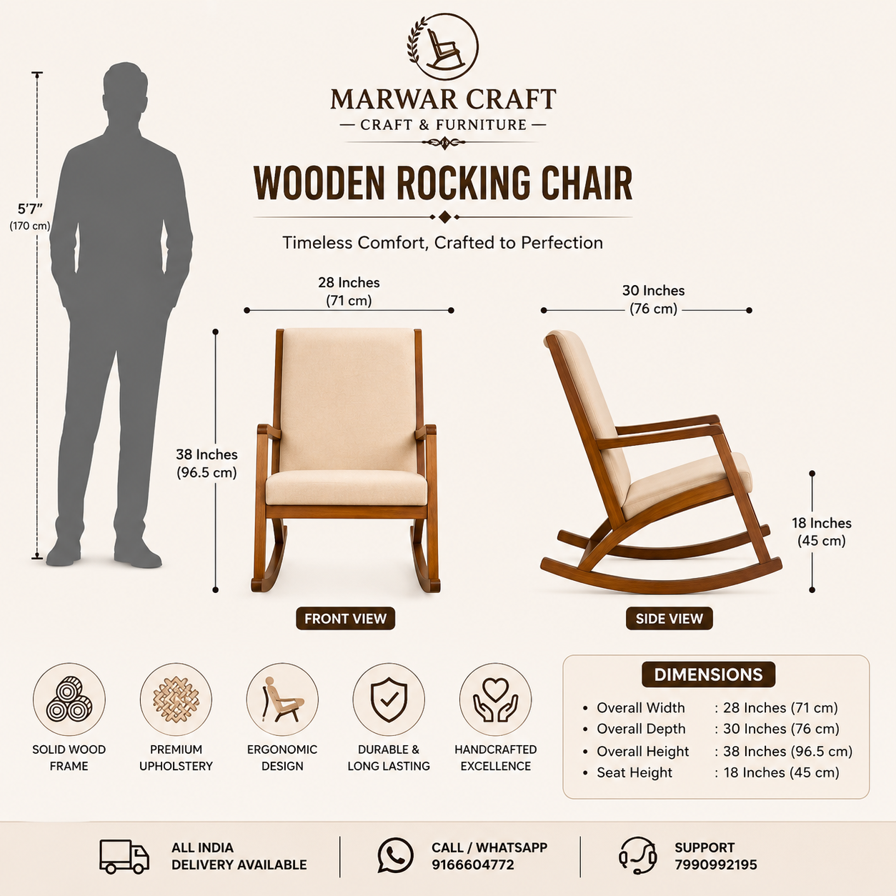 Marwar Craft Premium Wooden Rocking Chair | Modern Upholstered Leisure Rocker Chair