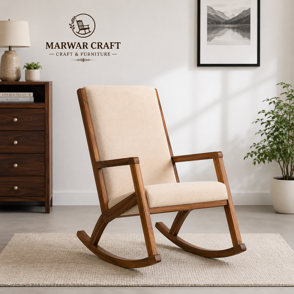 Marwar Craft Premium Wooden Rocking Chair | Modern Upholstered Leisure Rocker Chair