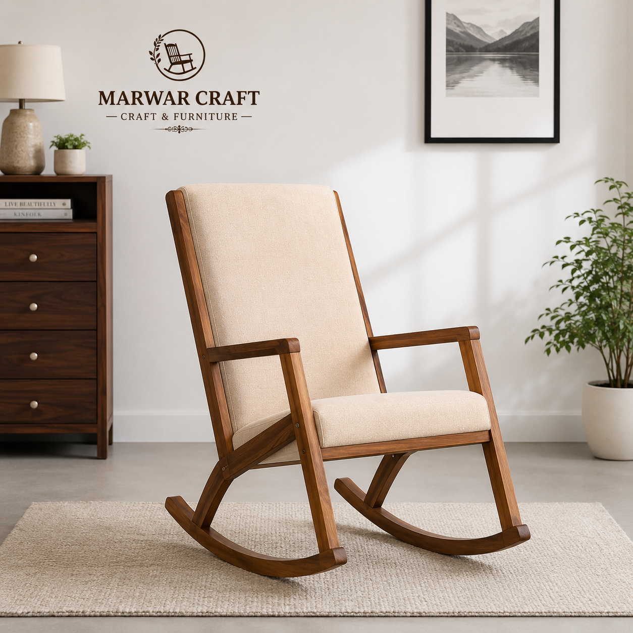 Marwar Craft Premium Wooden Rocking Chair | Modern Upholstered Leisure Rocker Chair